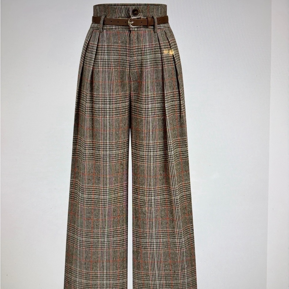 Commense Plaid Wide-Leg Bootcut Trousers in Brown & Tan